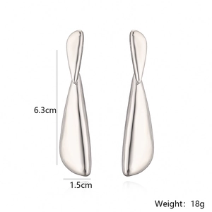 Detailed view of silver water drop earrings showing 6.3cm length and 1.5cm width dimensions