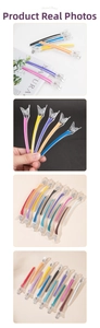 Detailed view of colorful transparent duckbill hair clips with durable metal springs