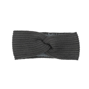 Detailed texture of dark grey knit winter headband with stylish twist knot and fleece lining