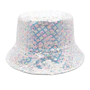 Detail of silver sequin bucket hat showing shimmering texture and classic wave brim