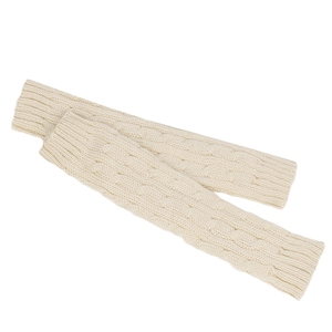 Close-up of beige cable knit texture on long fingerless acrylic warm arm warmers