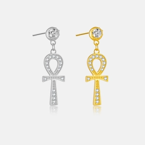 S925 Sterling Silver Ankh Cross Stud Earrings Iced Out Rhinestone Egyptian Key Of Life Dangle Earrings Fashion Jewelry Unisex