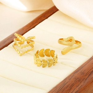 French style 18K gold plated stainless steel ring set with leaf and snake designs