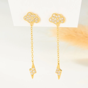 Elegant gold S925 sterling silver cloud and lightning drop earrings with cubic zirconia