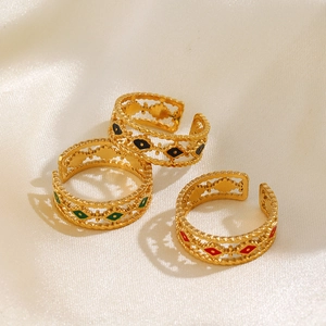 Evil Eye Adjustable Ring Stainless Steel Gold Plated Enamel Diamond Shape Hollow Twisted Bohemian Vintage Jewelry For Women