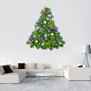 Sticker mural sapin de Noël moderne avec ornements colorés dans un salon minimaliste