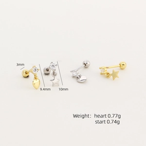 S925 silver heart and star screw back stud earrings with sparkling zircon stones