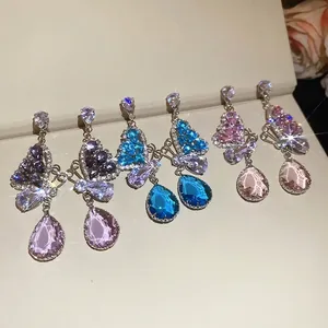 Butterfly drop earrings with teardrop zircons in purple, blue and pink colors