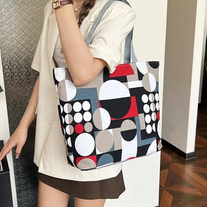 Women Large Capacity Canvas Tote Bag Printed Floral Geometric Pattern Shoulder Handbag With Zipper Closure Casual Daily