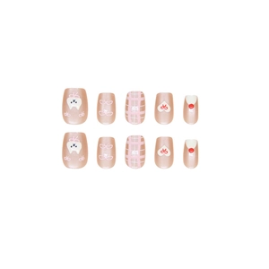 Cute cat-eye press-on nails set featuring pink bows, hearts and checkered patterns