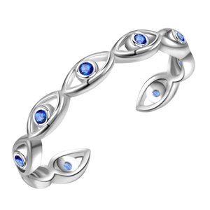 Adjustable silver evil eye open ring with round blue crystals in minimalist style