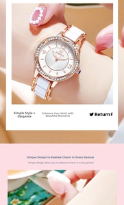 Detail of a ladies' watch featuring a white ceramic strap and crystal-set rose gold bezel