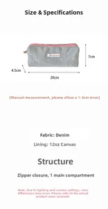 Gray denim pencil case with pink zipper showing dimensions 20cm x 7cm x 4.5cm and structure