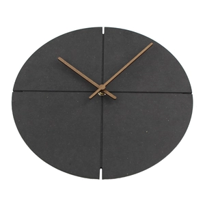 Detail of modern black textured wall clock with natural wood hands on white background