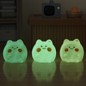 Set of three luminous green resin cat figurines for miniature landscape desk decor