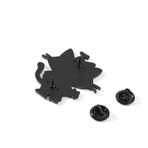 Back view of cute cat enamel pin with double rubber clutches and black metal finish