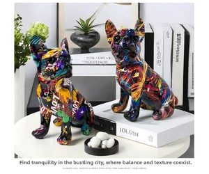 Graffiti bulldog resin ornaments with LOVE text on a white table in a modern home setting