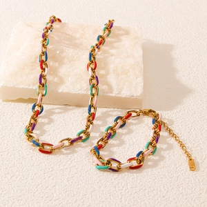 Bohemian Enamel Stainless Steel Chain Necklace And Bracelet Set Colorful Geometric Jewelry For Women Girls Gift