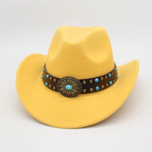 Yellow wool felt western cowboy hat with ethnic turquoise band and vintage floral buckle