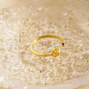 Adjustable gold stainless steel ring with hammered round disc top on glass tray
