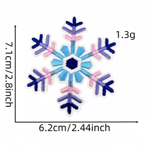 Detailed size specifications for snowflake embroidery patches in blue, pink, and purple