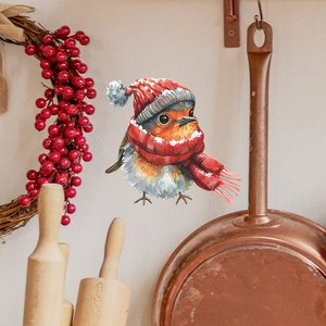 Autocollant de fenêtre oiseau de Noël avec écharpe et bonnet pour décoration d'hiver