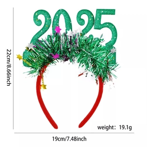 Detailed view of 2025 New Year headband showing dimensions 22cm by 19cm on white background