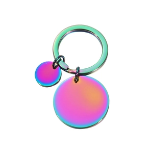 Rainbow plated stainless steel round disc keychain with blank surface for custom logo