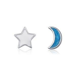 Asymmetric S925 sterling silver stud earrings featuring blue moon and white star motifs