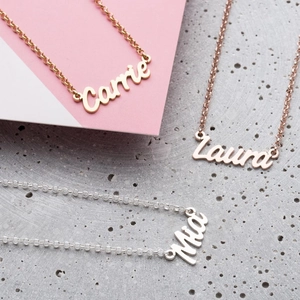 Three-tone personalized stainless steel name necklaces in gold rose gold and silver