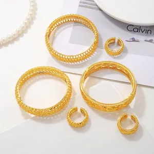 Hollow Out Bangle And Ring Jewelry Set Gold Plated Copper Carved Geometric Ethnic Dubai Luxury Style Retro For Women