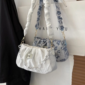 Women Pleated Ruched Armpit Shoulder Bag Floral Jacquard Nylon Fabric With Metal Flower Chain Trendy Niche Design