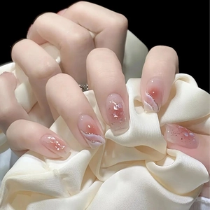 Pink Gradient Press On Nails Short Square Fine Glitter Shell Texture Blush Ombre False Nails For Women