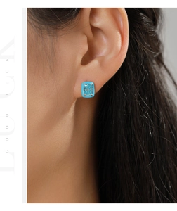 Close-up of S925 silver rectangle stud earrings with blue enamel and clear gemstone