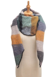 Detailed close-up of plaid scarf weave texture and neat black overlock edge