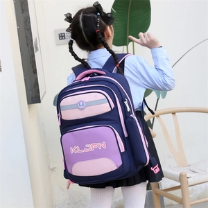 Pink and navy blue detachable rolling backpack with cartoon pattern and reflective strips