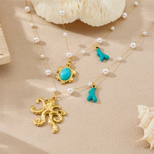 Collana Pendente Polpo Tartaruga Placcato Oro Acciaio Inossidabile Perla Artificial Bianca Turchese Corallo Stile Marino Gioielli Donna