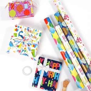 Cartoon birthday gift wrapping paper set with balloon and dinosaur patterns for kids