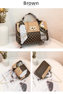 Sac bandoulière marron à motif cercles, poignée foulard et fermoir doré rotatif