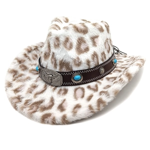Leopard print cowboy hat with turquoise western buckle and silver bull head detail