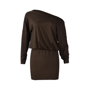 Detail of dark brown long sleeve dress featuring an asymmetric off-shoulder neckline