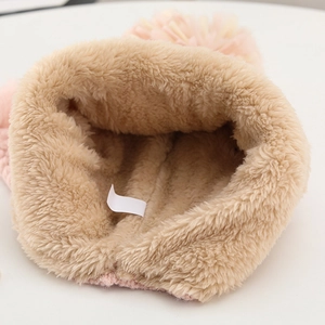 Pink knit hat with thick plush lining for girls, warm winter beanie with earmuffs