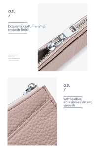 Detail of pink lychee leather coin purse with smooth silver zipper and precision stitching