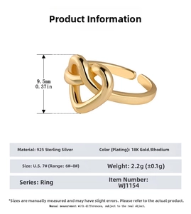 Detailed size specifications for S925 sterling silver adjustable love knot heart ring