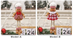 Detail of Model A and B gingerbread man plush pendants with festive red and white outfits