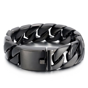 Mens matte black stainless steel Cuban link bracelet with durable square clasp