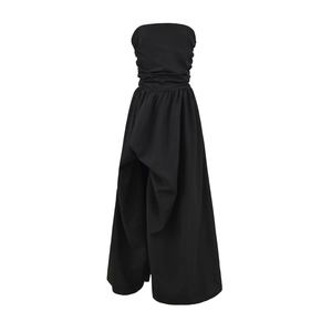 Elegant black strapless jumpsuit with pleated bodice and wide-leg draped split hem