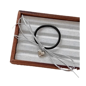 Silver bow heart pendant hair claw and black elastic tie in premium wooden gift box