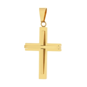 Polished gold stainless steel double layer cross pendant necklace for men fashion