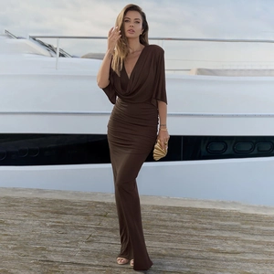 Cowl Neck Ruched Maxi Dress Solid Color Bodycon High Waist Long Dress Back Slit Elegant Evening Party For Women